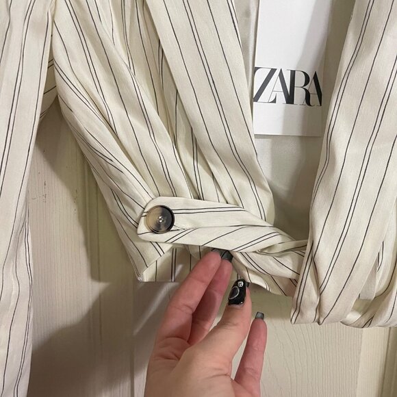 Zara Womens NWT Striped Wrap Button Cream Linen Blend Short Jacket Blazer XS - Picture 5 of 10